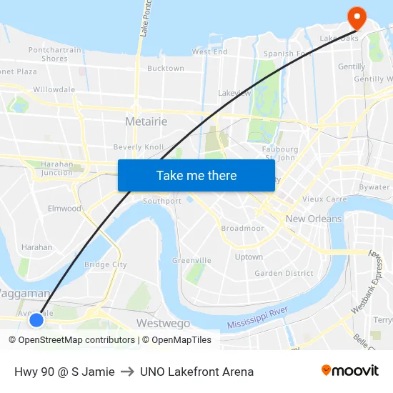 Hwy 90 @ S Jamie to UNO Lakefront Arena map