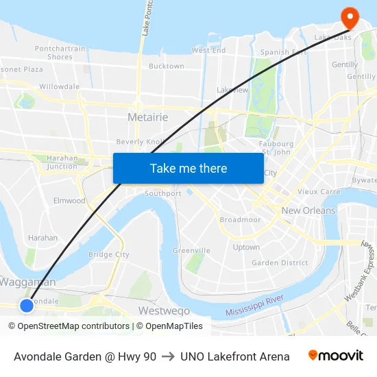 Avondale Garden @ Hwy 90 to UNO Lakefront Arena map
