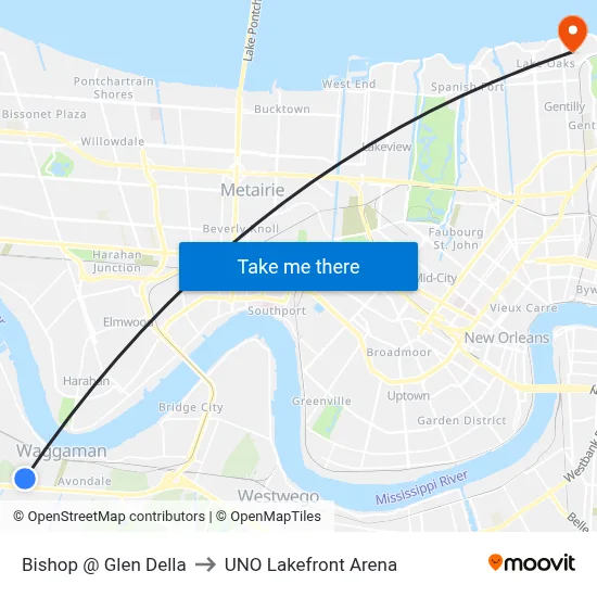 Bishop @ Glen Della to UNO Lakefront Arena map