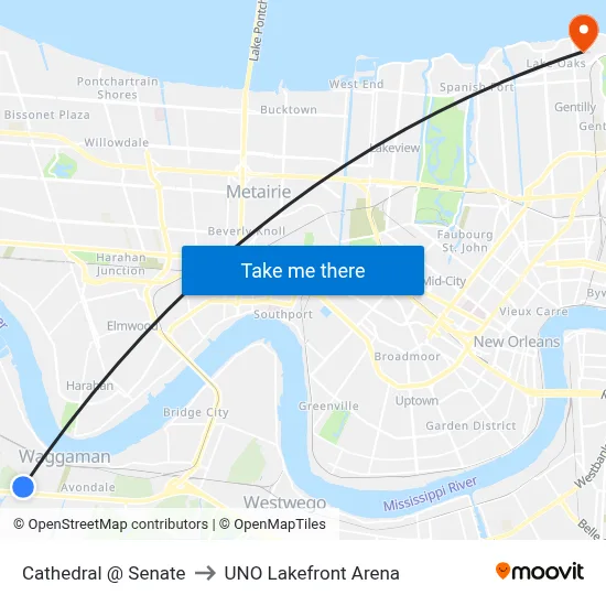 Cathedral @ Senate to UNO Lakefront Arena map