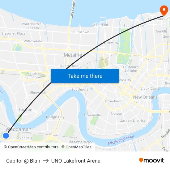 Capitol @ Blair to UNO Lakefront Arena map