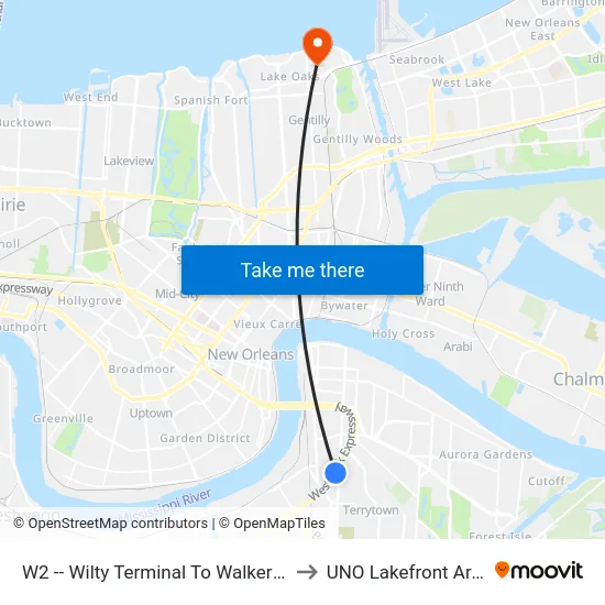 W2 -- Wilty Terminal To Walkertown to UNO Lakefront Arena map