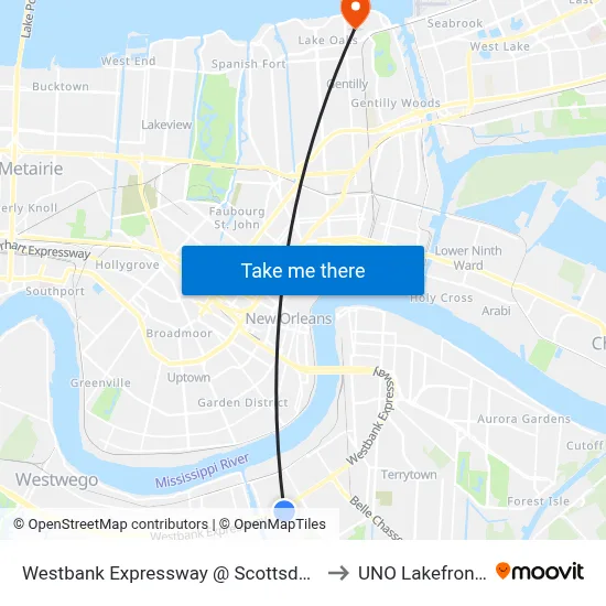 Westbank Expressway @ Scottsdale/Maplewood to UNO Lakefront Arena map