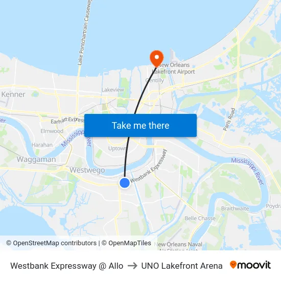 Westbank Expressway @ Allo to UNO Lakefront Arena map
