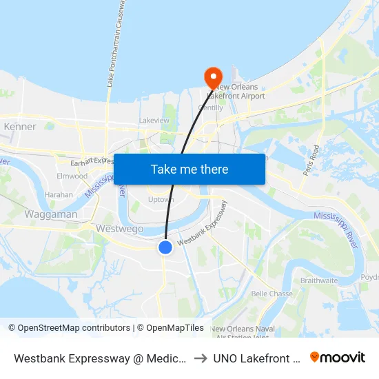 Westbank Expressway @ Medical Center to UNO Lakefront Arena map