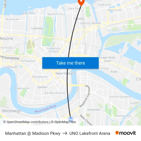 Manhattan @ Madison Pkwy to UNO Lakefront Arena map