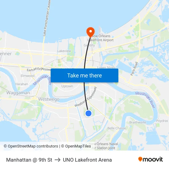 Manhattan @ 9th St to UNO Lakefront Arena map