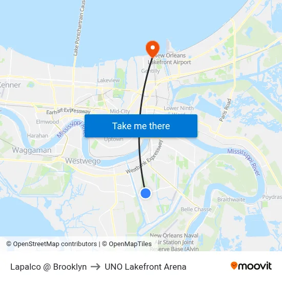 Lapalco @ Brooklyn to UNO Lakefront Arena map