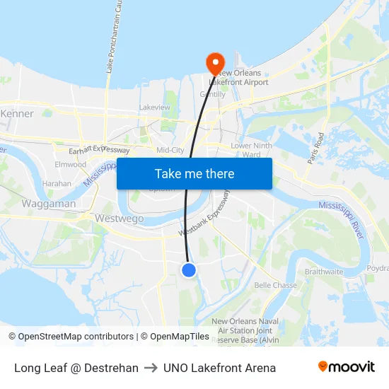 Long Leaf @ Destrehan to UNO Lakefront Arena map