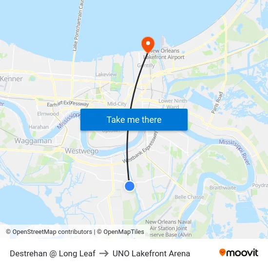 Destrehan @ Long Leaf to UNO Lakefront Arena map