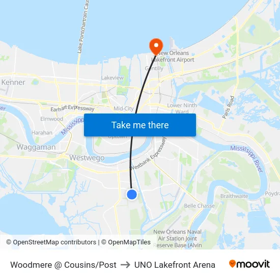 Woodmere @ Cousins/Post to UNO Lakefront Arena map