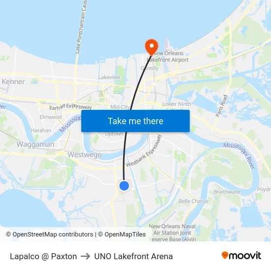 Lapalco @ Paxton to UNO Lakefront Arena map