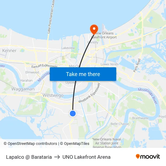 Lapalco @ Barataria to UNO Lakefront Arena map