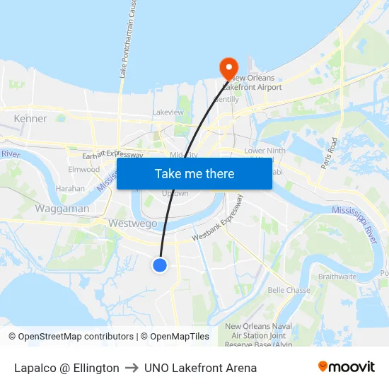 Lapalco @ Ellington to UNO Lakefront Arena map