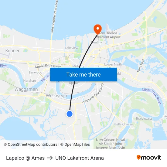 Lapalco @ Ames to UNO Lakefront Arena map