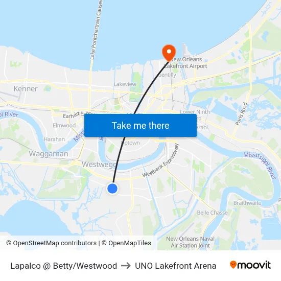 Lapalco @ Betty/Westwood to UNO Lakefront Arena map