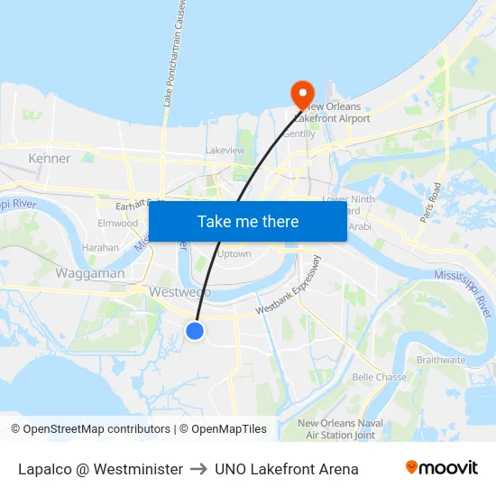 Lapalco @ Westminister to UNO Lakefront Arena map