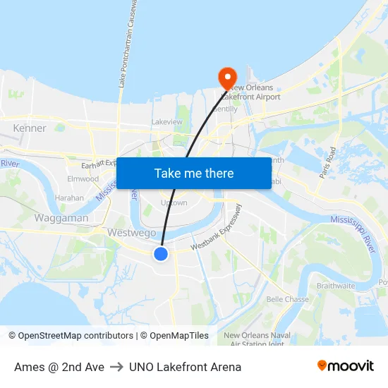 Ames @ 2nd Ave to UNO Lakefront Arena map