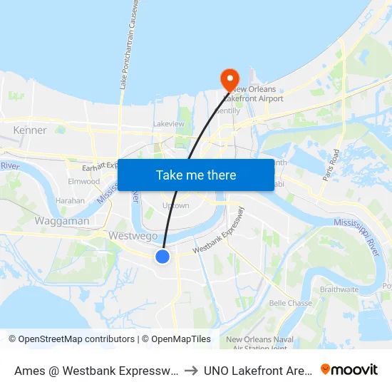 Ames @ Westbank Expressway to UNO Lakefront Arena map