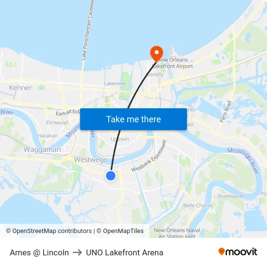 Ames @ Lincoln to UNO Lakefront Arena map