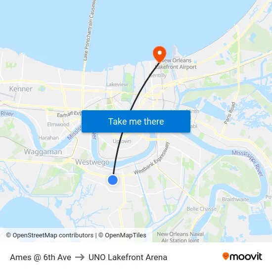 Ames @ 6th Ave to UNO Lakefront Arena map