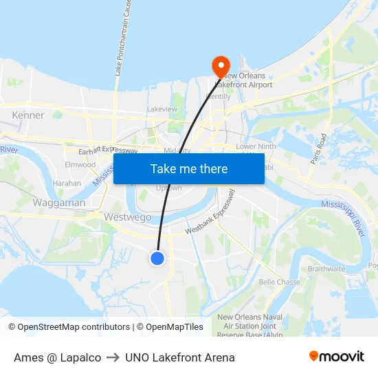 Ames @ Lapalco to UNO Lakefront Arena map