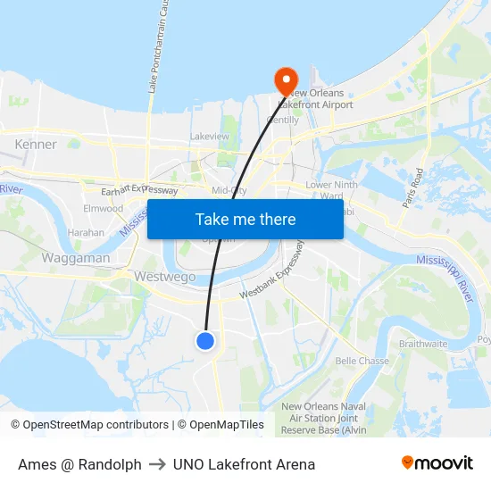 Ames @ Randolph to UNO Lakefront Arena map