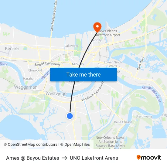 Ames @ Bayou Estates to UNO Lakefront Arena map