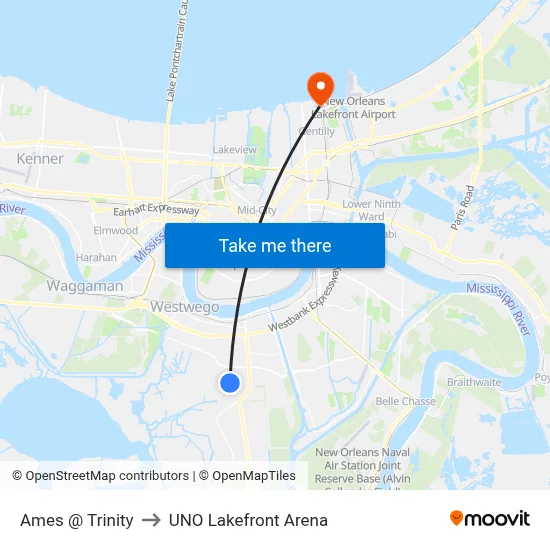 Ames @ Trinity to UNO Lakefront Arena map