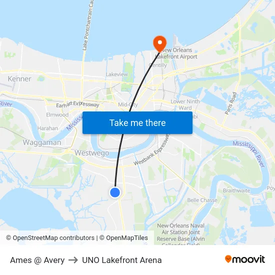 Ames @ Avery to UNO Lakefront Arena map