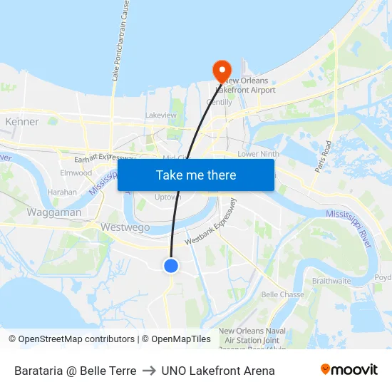 Barataria @ Belle Terre to UNO Lakefront Arena map