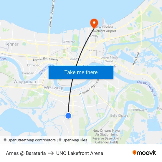 Ames @ Barataria to UNO Lakefront Arena map