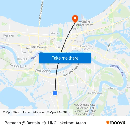 Barataria @ Bastain to UNO Lakefront Arena map