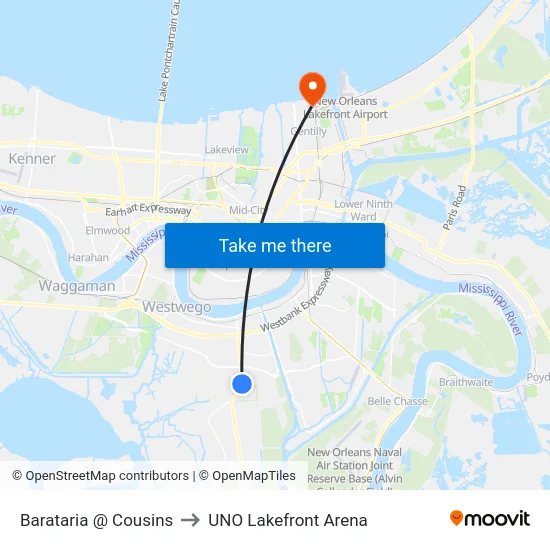 Barataria @ Cousins to UNO Lakefront Arena map