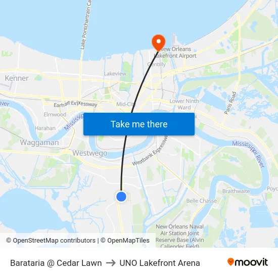 Barataria @ Cedar Lawn to UNO Lakefront Arena map
