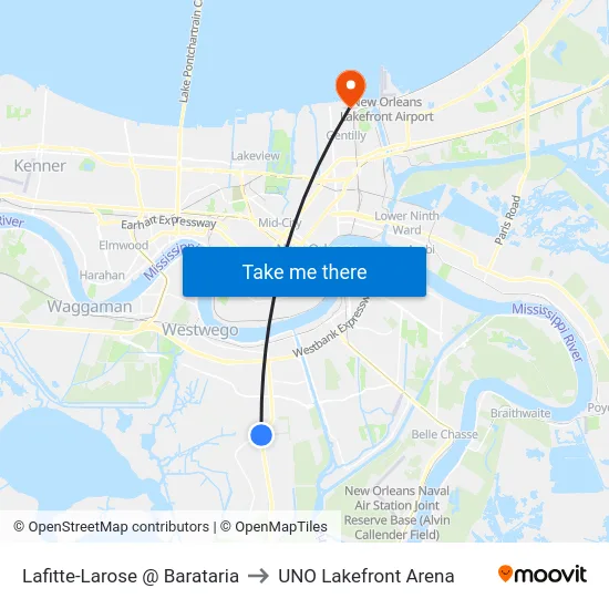 Lafitte-Larose @ Barataria to UNO Lakefront Arena map