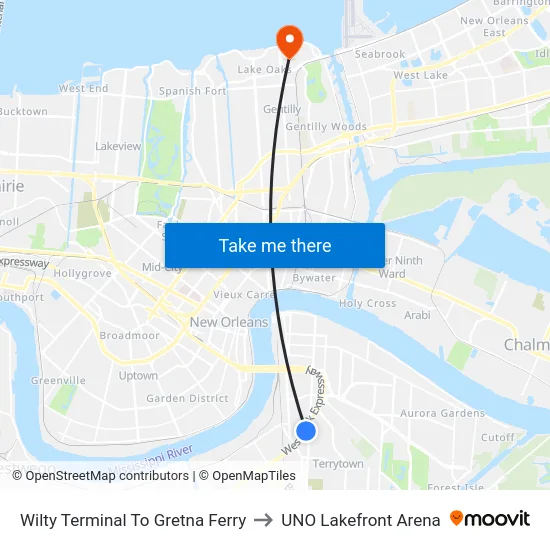 Wilty Terminal To Gretna Ferry to UNO Lakefront Arena map
