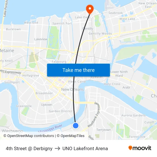 4th Street @ Derbigny to UNO Lakefront Arena map