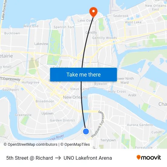 5th Street @ Richard to UNO Lakefront Arena map