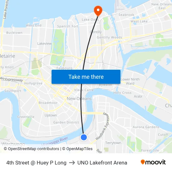 4th Street @ Huey P Long to UNO Lakefront Arena map
