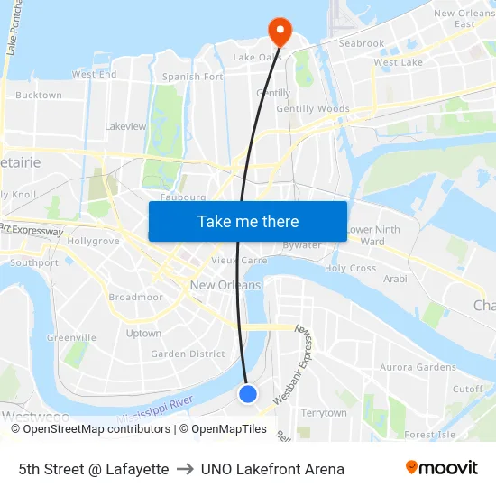 5th Street @ Lafayette to UNO Lakefront Arena map