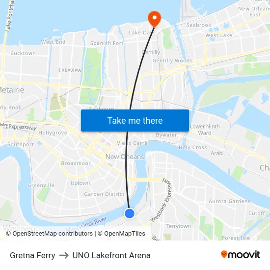 Gretna Ferry to UNO Lakefront Arena map