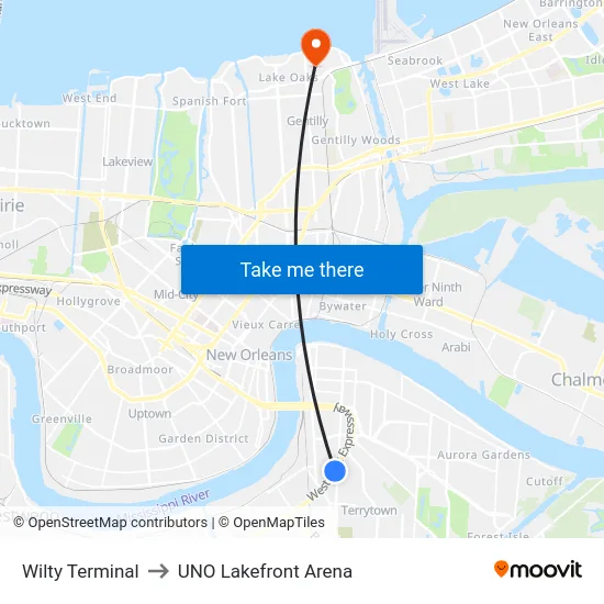 Wilty Terminal to UNO Lakefront Arena map