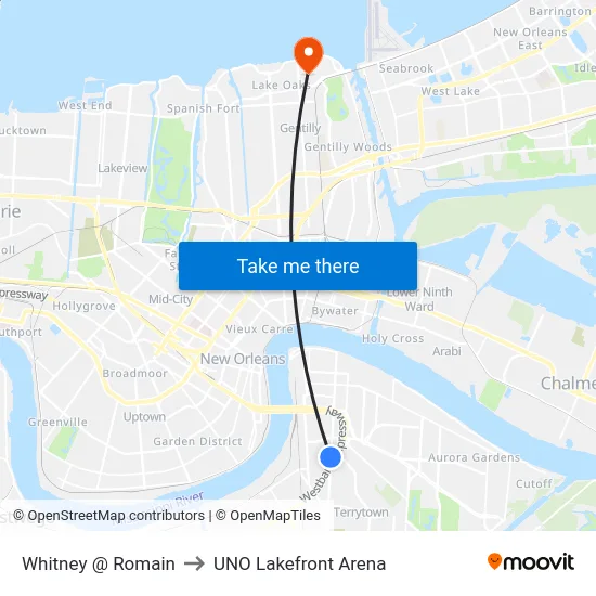 Whitney @ Romain to UNO Lakefront Arena map