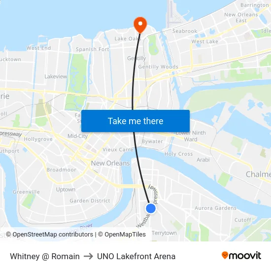 Whitney @ Romain to UNO Lakefront Arena map