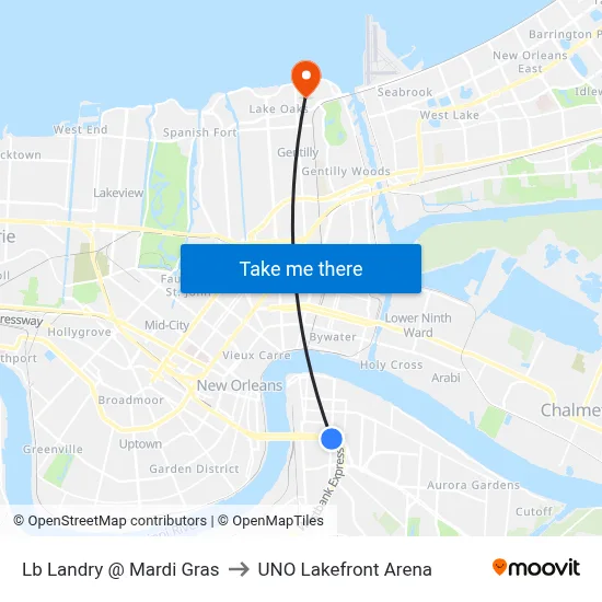 Lb Landry @ Mardi Gras to UNO Lakefront Arena map
