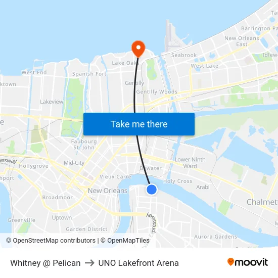 Whitney @ Pelican to UNO Lakefront Arena map