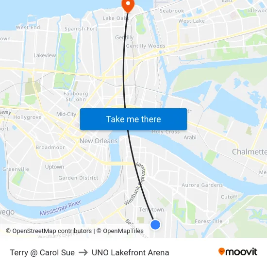Terry @ Carol Sue to UNO Lakefront Arena map