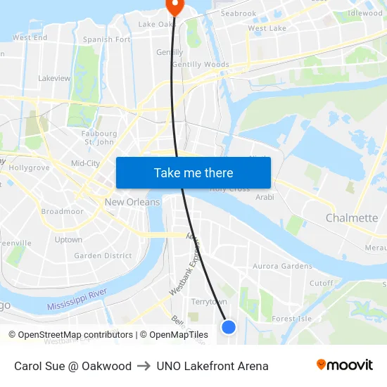 Carol Sue @ Oakwood to UNO Lakefront Arena map