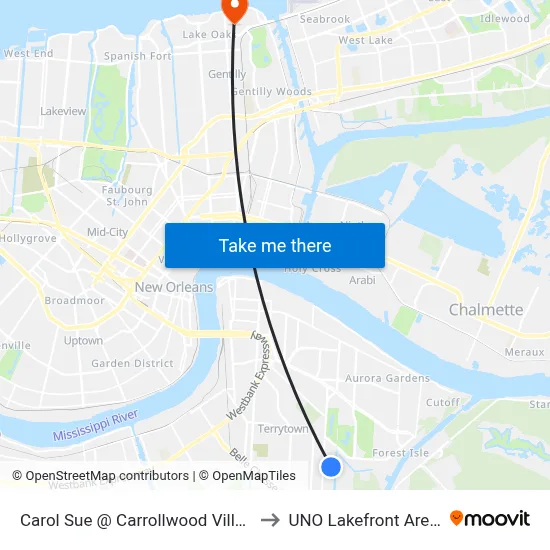 Carol Sue @ Carrollwood Village to UNO Lakefront Arena map
